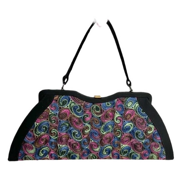 VTG Atomic 1950s "Pretty" Black Handbag w/ colorful Embroidered Swirls - Picture 2 of 7